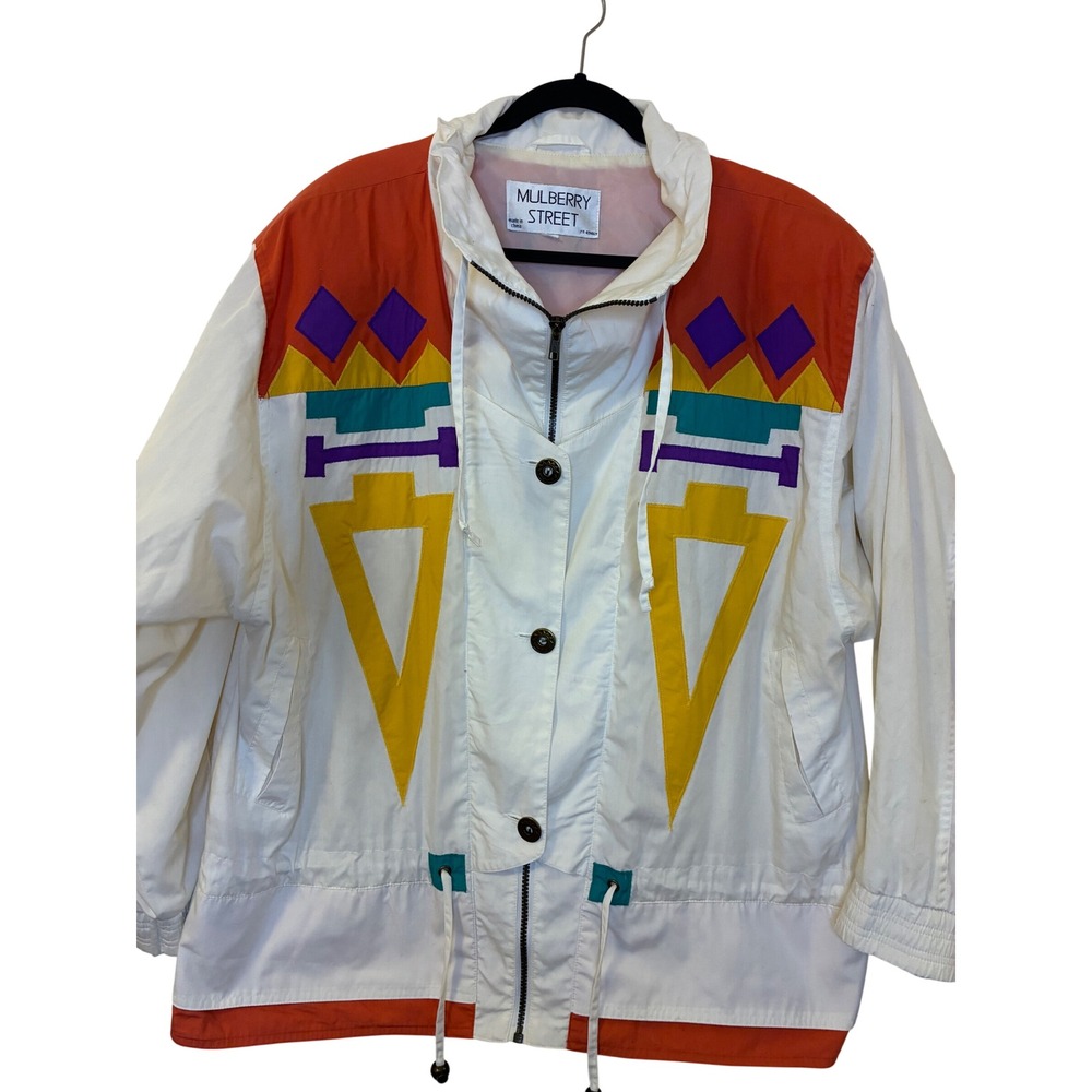 Vintage Mulberry Street Colorblock Windbreaker Jacket White Geometric 80s 90s L